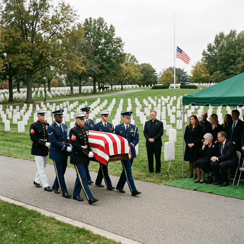 Six uniformed military personnel carrying a flag-draped coffin past grieving family members at a cemetery