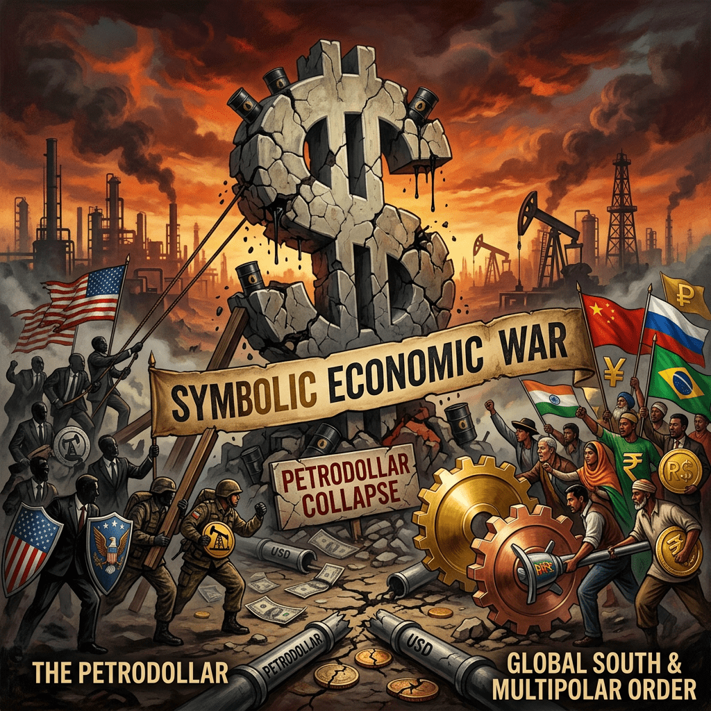 Large cracked dollar symbol collapsing between US forces and Global South forces with various currencies