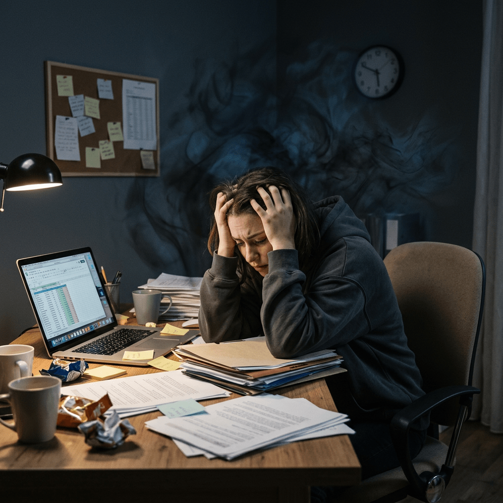 Person sitting at a desk full of papers and laptop, holding head in hands looking stressed