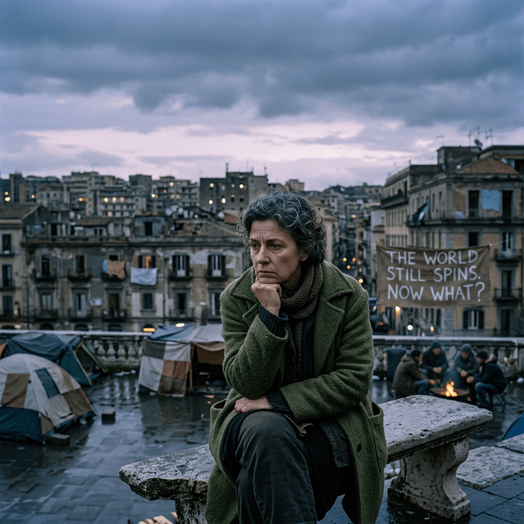 A woman in a green coat sitting on a stone bench looking thoughtful with tents and a banner saying 'THE WORLD STILL SPINS. NOW WHAT?' in the background