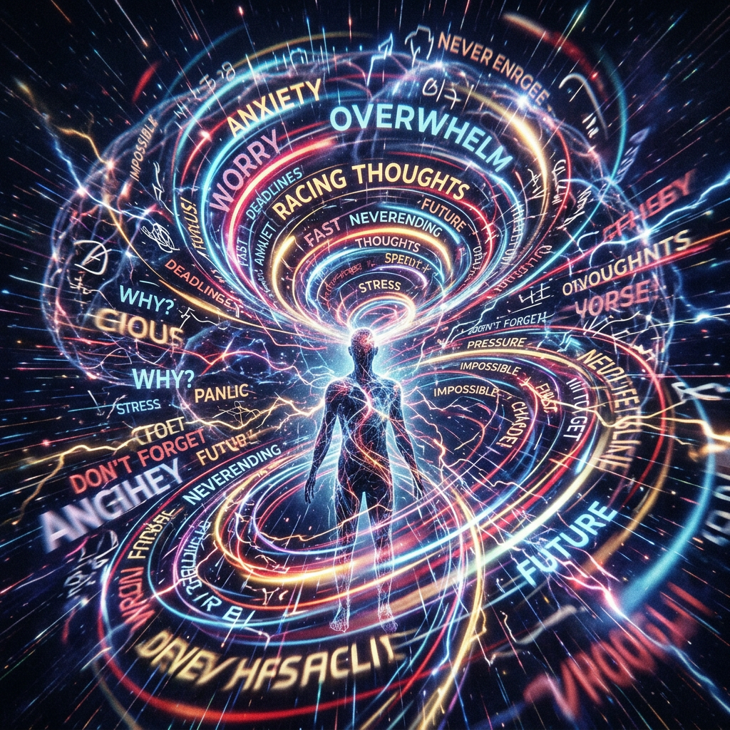 Silhouette of a person enveloped by spiraling words like anxiety, overwhelm, panic, and racing thoughts