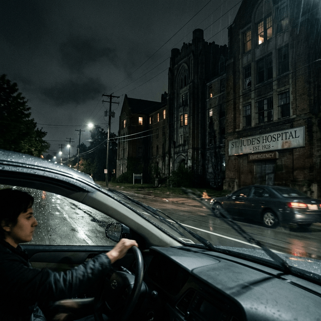 Driver in car at night passing old St. Jude's Hospital with rainy windshield