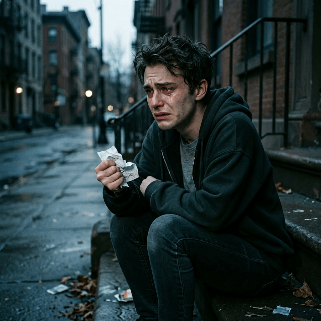 Young woman in dark hoodie sitting on outdoor steps, distressed and holding crumpled paper