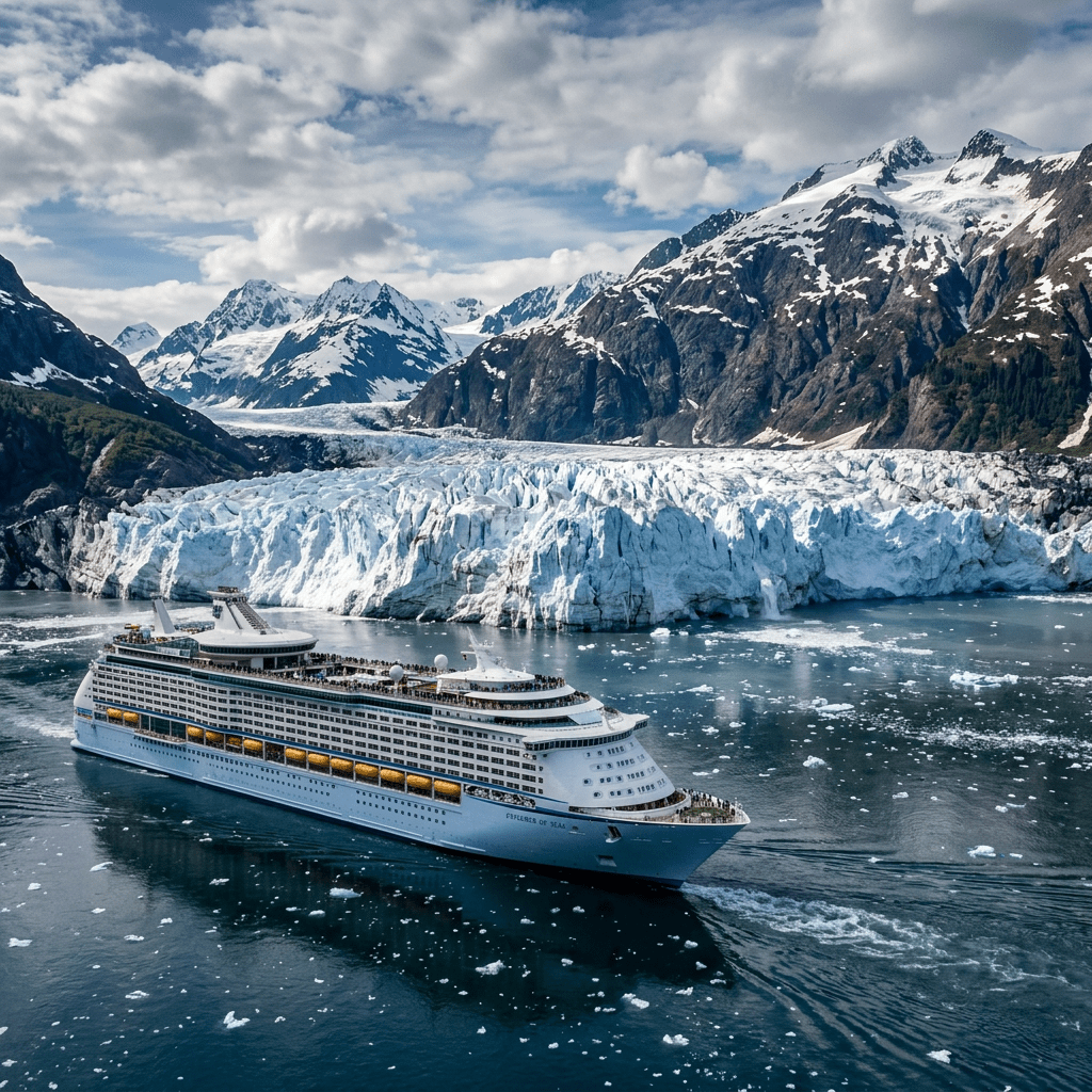 Large cruise ship near glacier with snow-covered mountains in the background