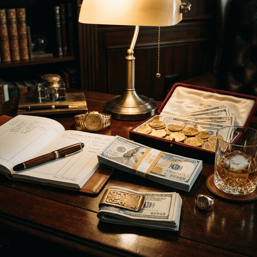 Cash, coins, watch, ledger, pen, and whiskey on a wooden desk