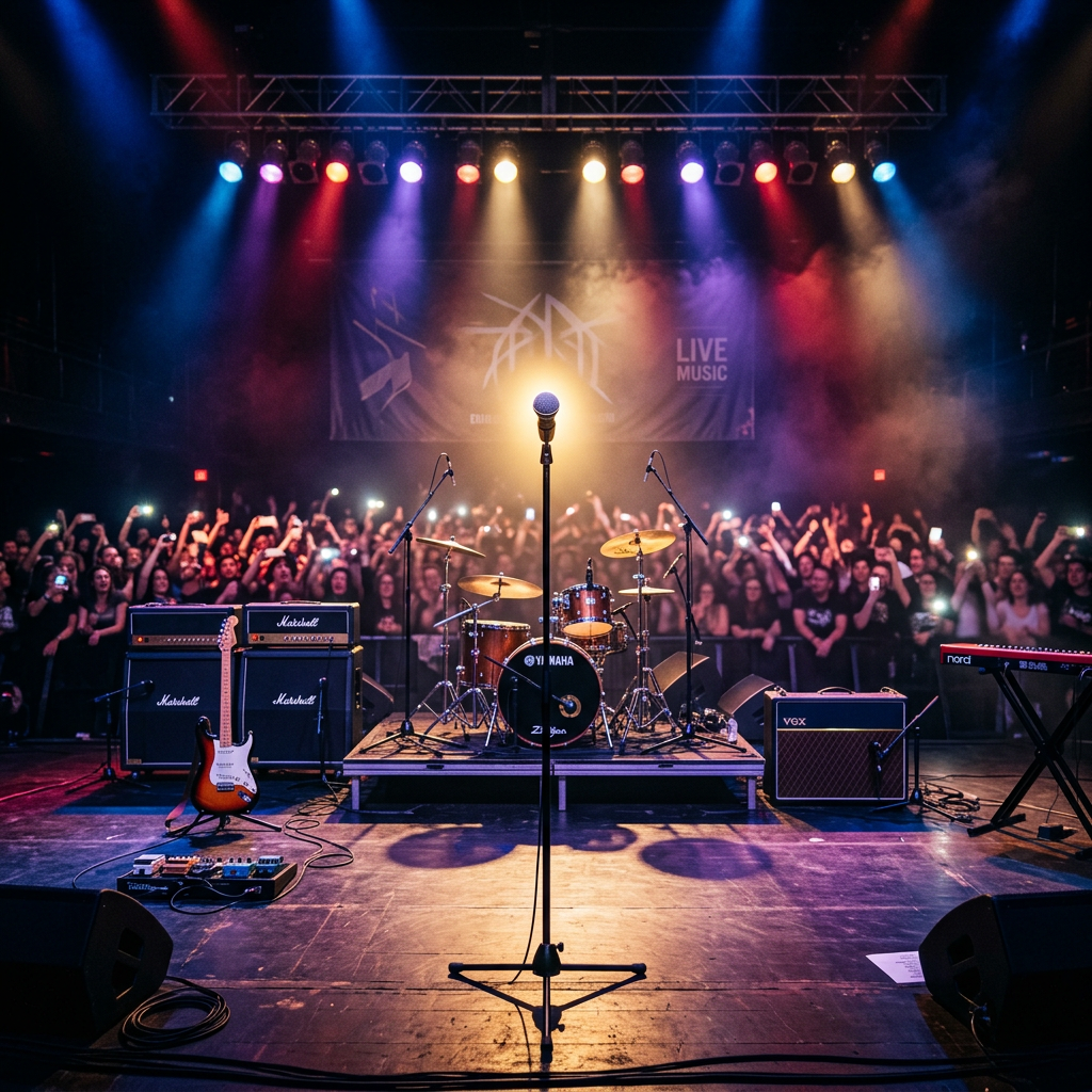 Concert stage with microphone, drum kit, guitars, amplifiers, keyboard, and crowd