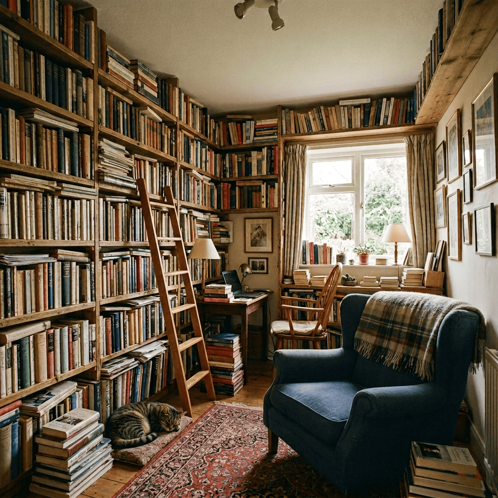 Person reading with tea in a cozy home library beside a sleeping dog