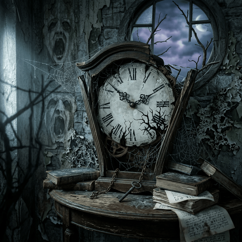 Broken antique clock surrounded by cobwebs, books, and a moonlit window
