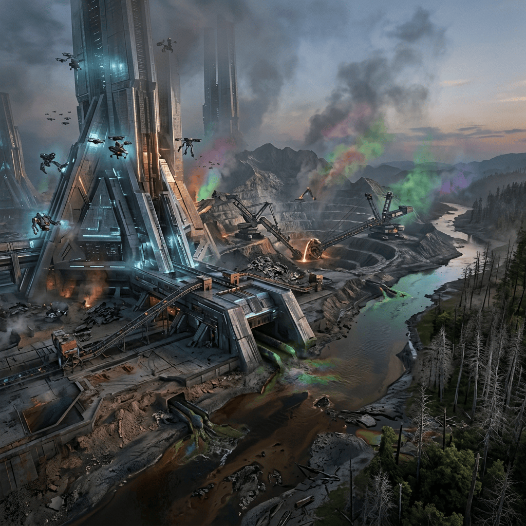 Futuristic mining facility with drones, polluted rivers, and colorful chemical clouds