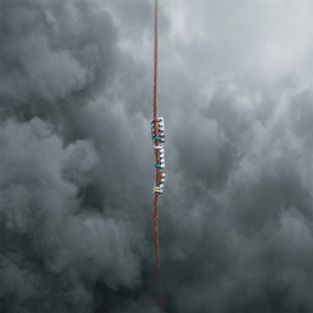 Climber in a green coat suspended on a rope amid dense fog
